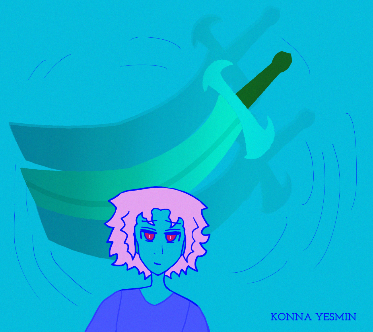 konna with wavy short lavender hair and wearing a baggy blue t-shirt has red eyes and a small smile on her. centric to the art is her flying big freaking green-tinted sword behind her with a curve to the blade as well as curves to the side of the lighter pommel and a large green hilt. it seems to be hovering with air magic. it says konna yesmin at the bottom right.